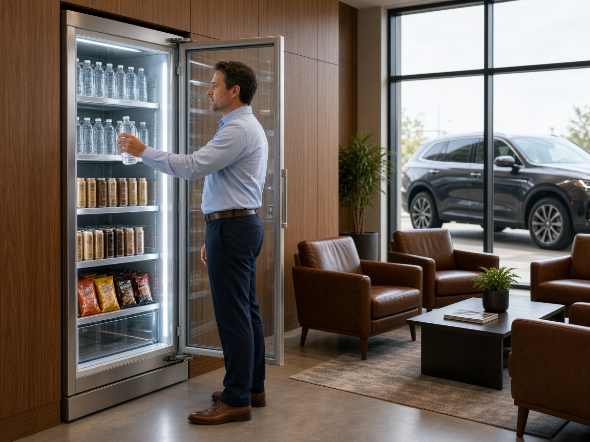 Customer taking a bottled water from a smart cooler in a car dealership lounge