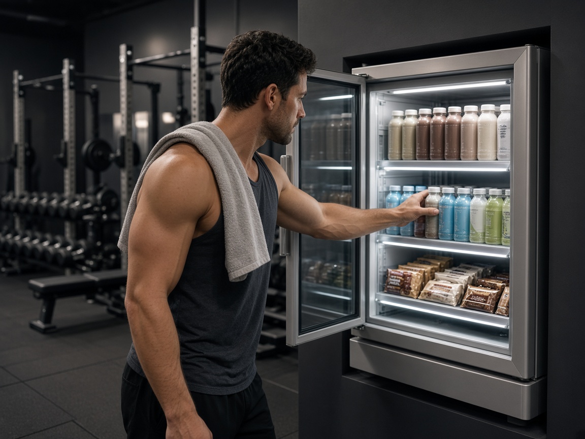 Man in a gym reaching into a smart cooler stocked with protein shakes