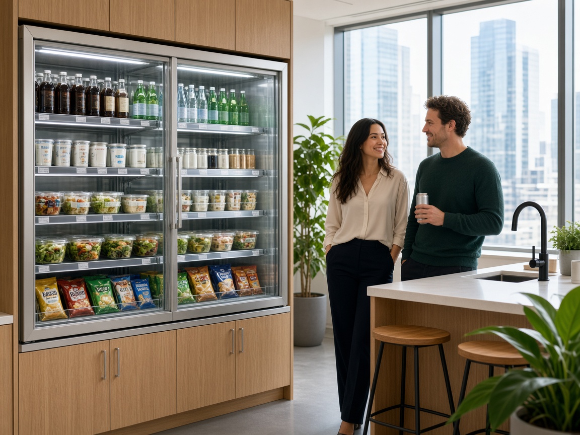 Coworkers in a modern office break room near a smart cooler with fresh food and drinks
