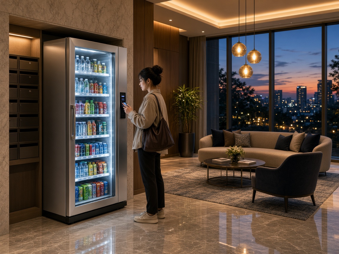 Resident using a smart cooler in an upscale apartment lobby at dusk