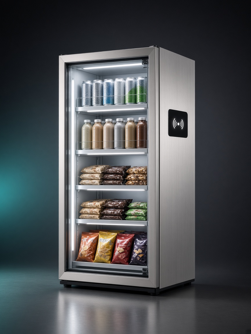 Platinum Vending AI-powered smart cooler with glass door and LED-lit shelves of drinks and snacks