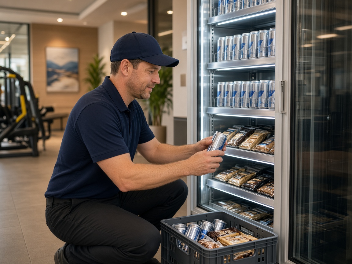 Platinum Vending team member restocking a smart cooler in a gym lobby