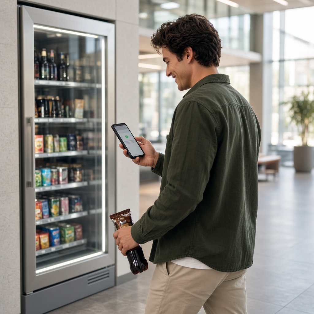 Smiling man walking away from smart cooler with a drink and snack, checking a receipt on his phone