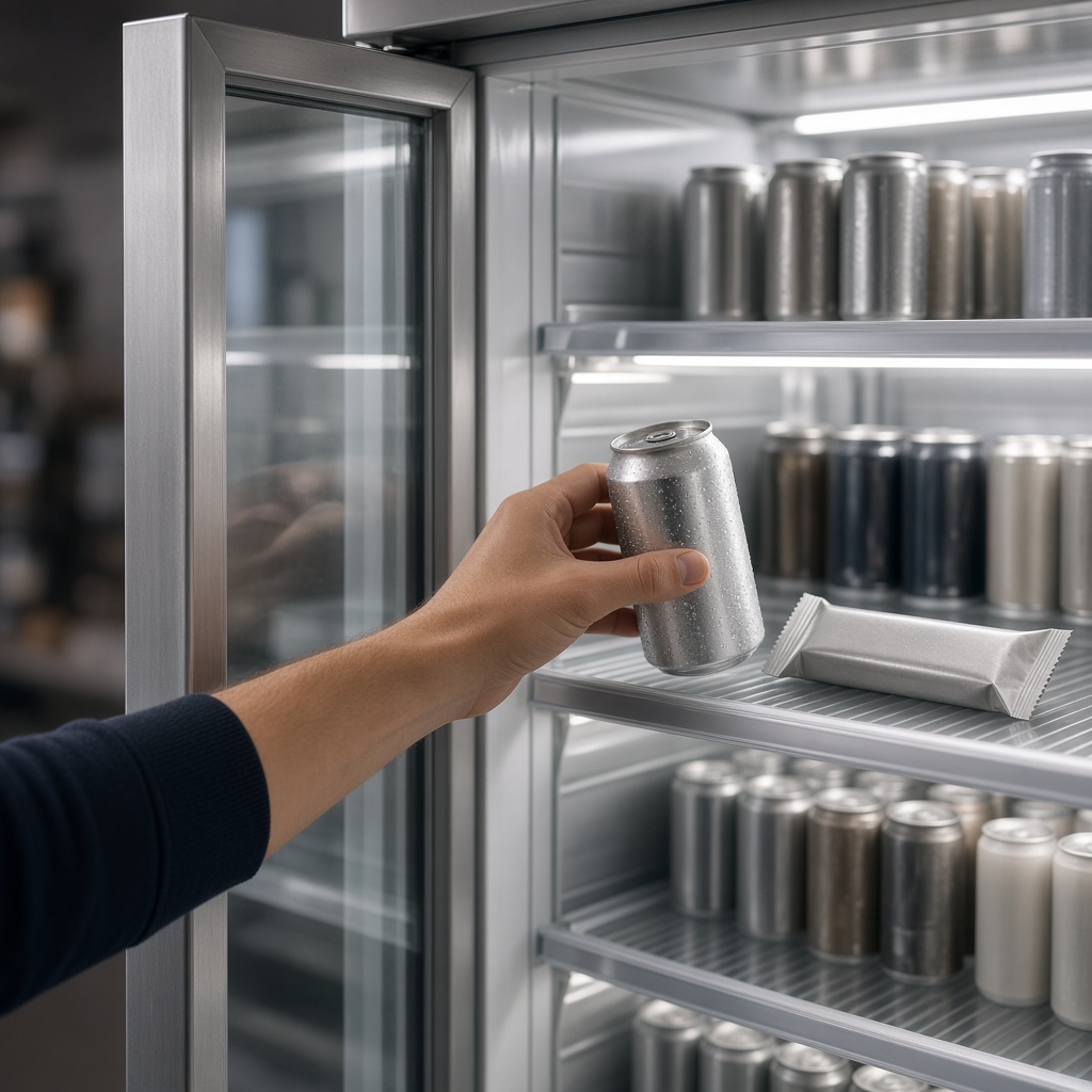 Person taking a cold drink and snack bar from the open smart cooler