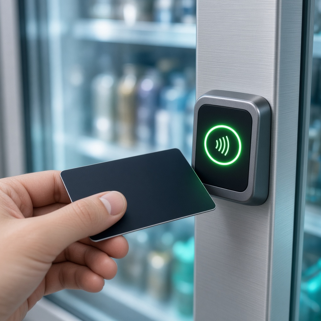 Hand tapping a credit card on the glowing reader of a smart cooler